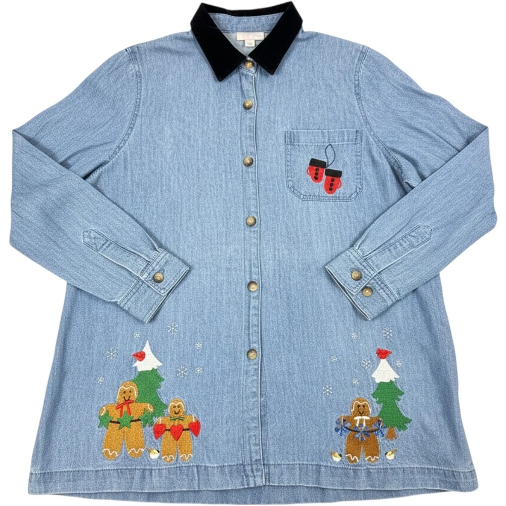 Blair Christmas Denim Shirt Gingerbread Embroidery Velvet Collar Blue Large